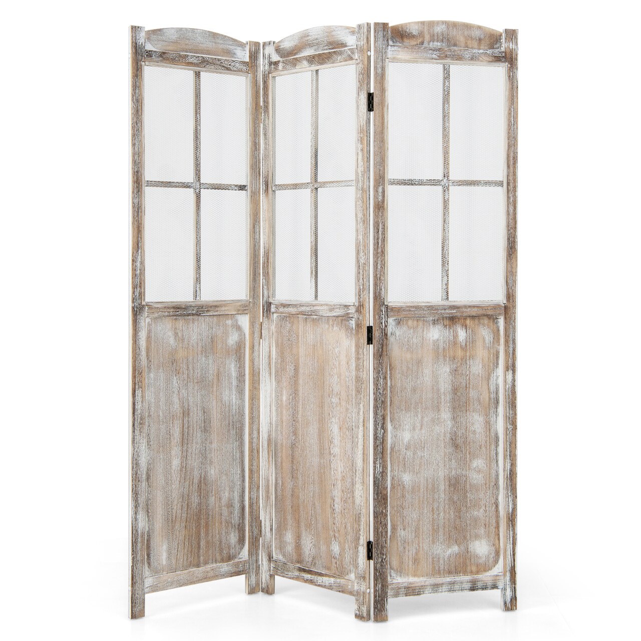 Coffee Wood Metal Folding Room Divider with Mesh Panels